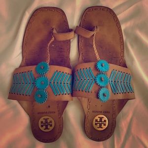 Tory Burch Turquoise and Natural Leather Thong 8.5